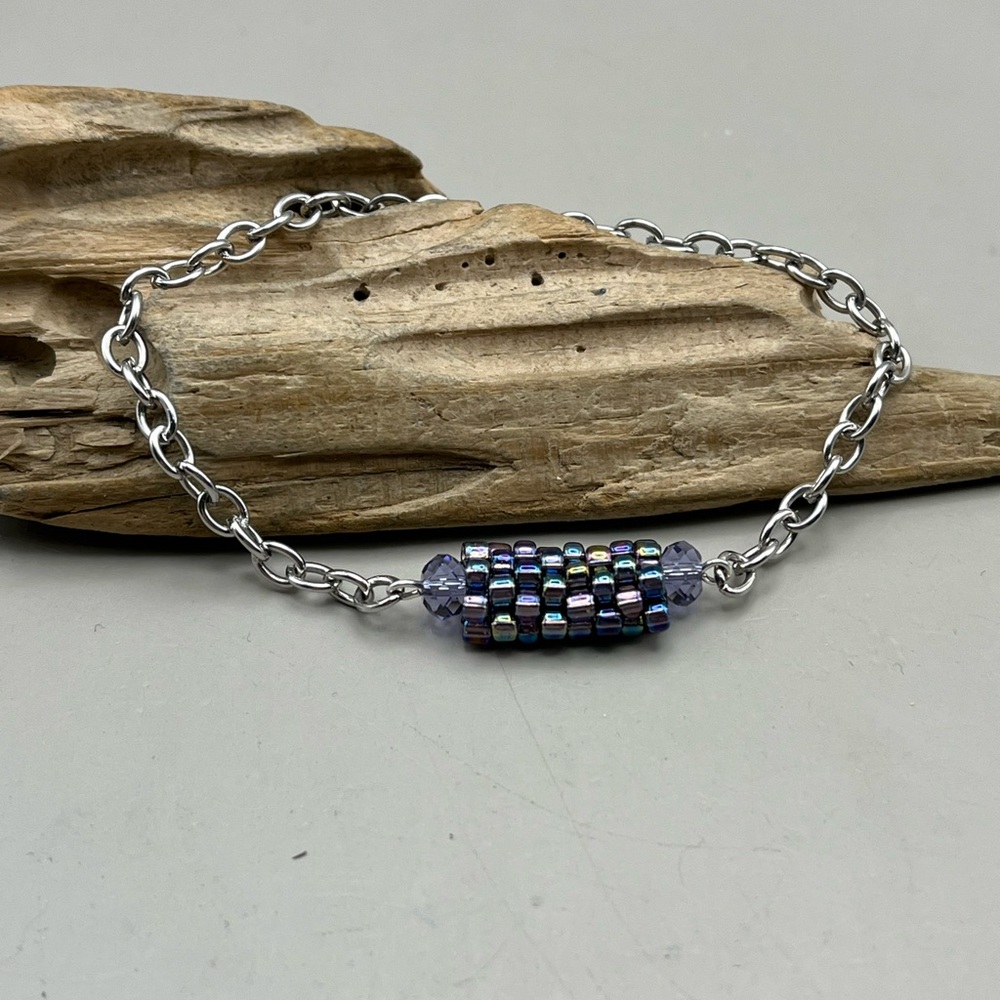 Elegant Handmade Silver Tone Chain Bracelet With Iridescent Blue/Purple Tube - Picture 2 of 5